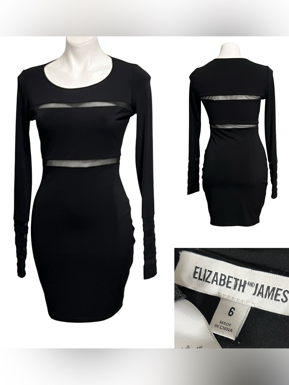 Elizabeth and James Mini Dress Sz 6 Black Long-Sleeve Mesh-Insert Bodycon